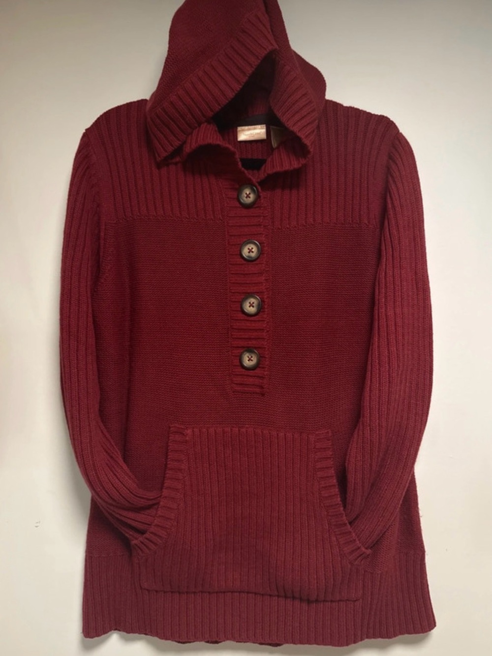 Northcrest Hooded Button-Front Sweater in Deep Burgundy Maroon Layer Cozycore Lg